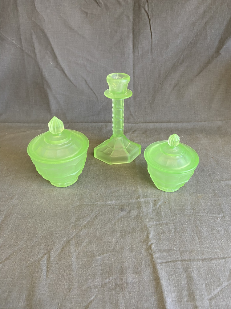 Art Deco Uranium Glass Dresser set, Candlestick A/F