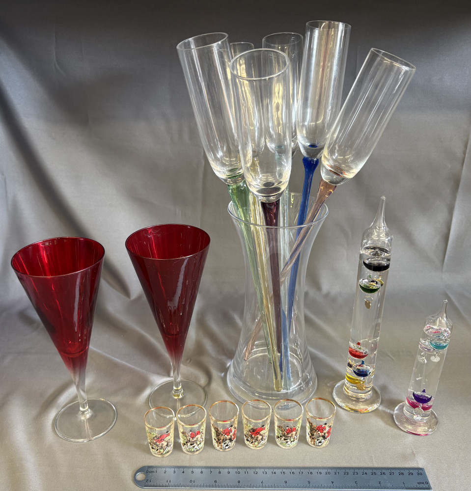 Handblown ArtLand Flute Champagne Glasses - Set Of Six - long colored stems, two large red glasses, shot glasses with hunting theme and two Galileo thermometers