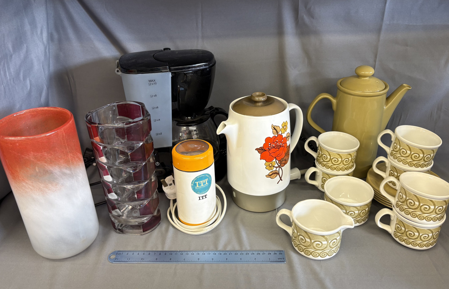 Mid century French vase with chip on base, vintage Russell Hobbs teapot and green mid century Pirouette pattern coffee set