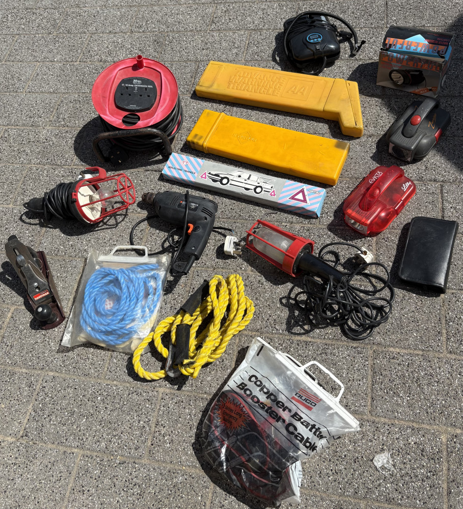 Mixed tools including extension leads, waring triangles, drill, tow ropes, Stanley plane and other garage items