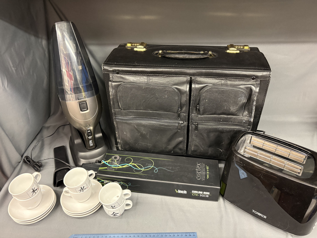 Household lot, small hoover, toaster, hair straighteners, coffee set and office bag