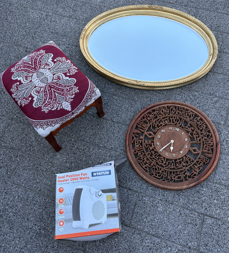 Large oval gold framed mirror, foot stool, heater and wooden ornate clock