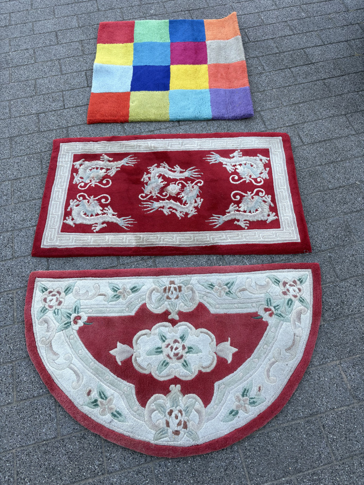 3 Household Rugs, multi coloured one 92 x 92cms, middle one 125 x 73cms