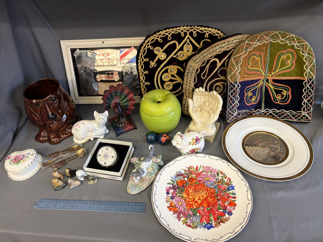 Mixed lot including Rolls Royce Mirror, tea coseys, and other mixed household collectables