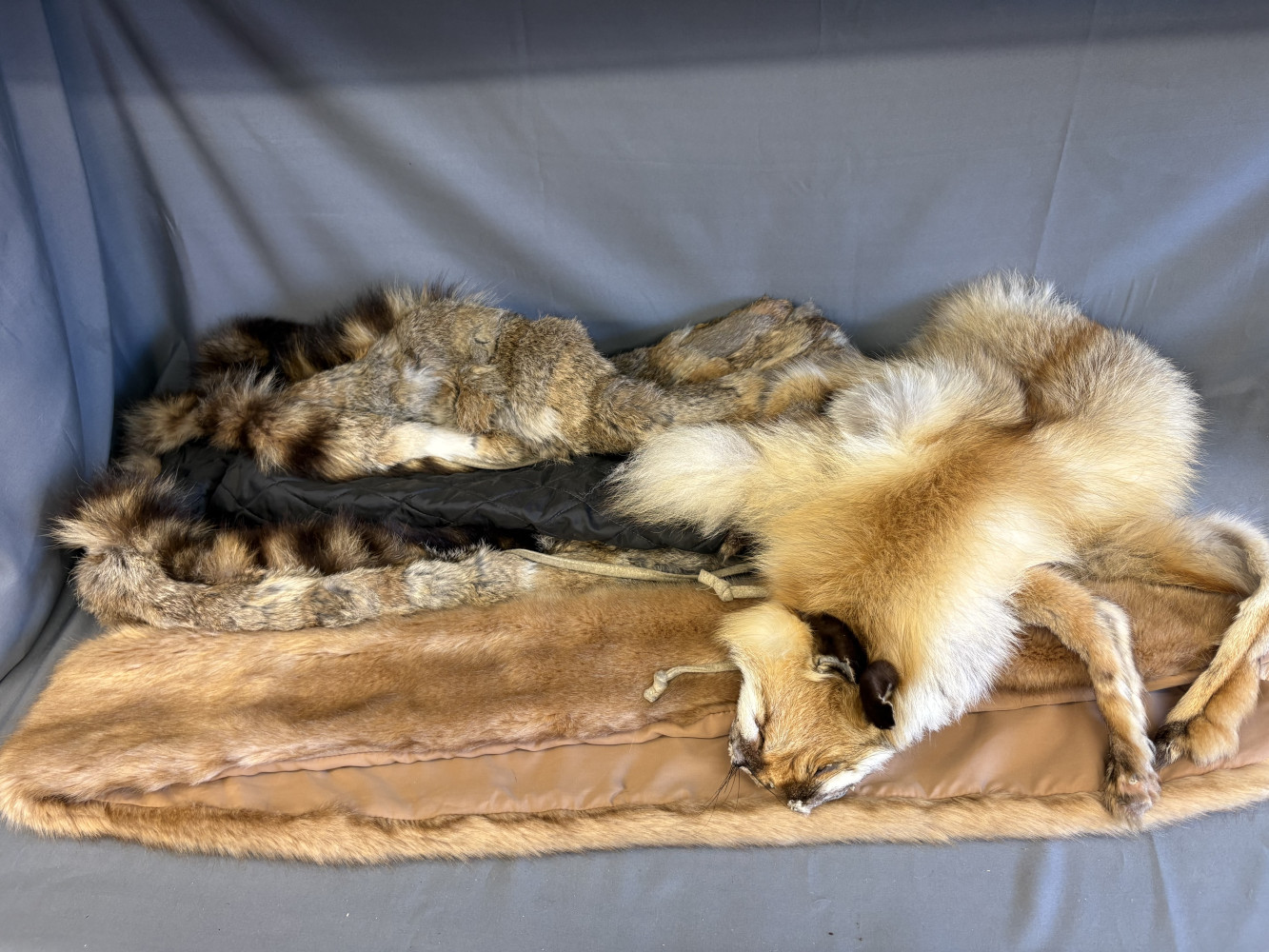 Faux fur scarf, and genuine vintage fox fur and french rabbit gilet