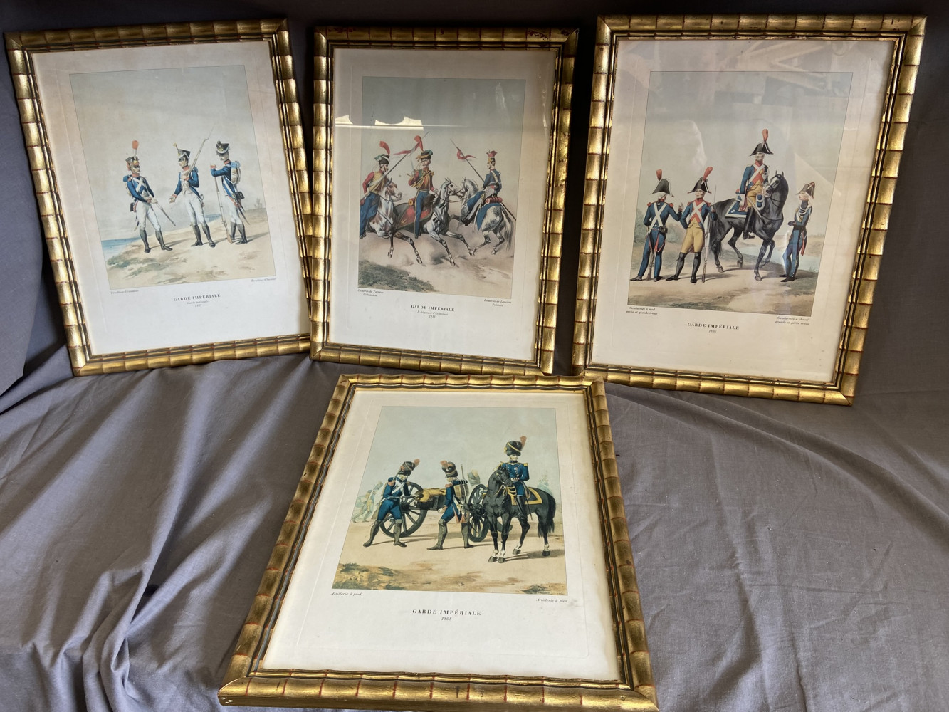 4 Vintage Military prints in gold frames