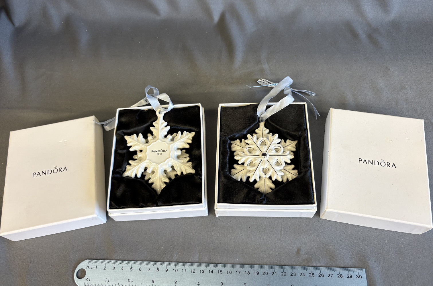 Two Boxed Collectable Pandora 2015 Limited Edition Christmas Holiday Ornament Porcelain Snowflakes