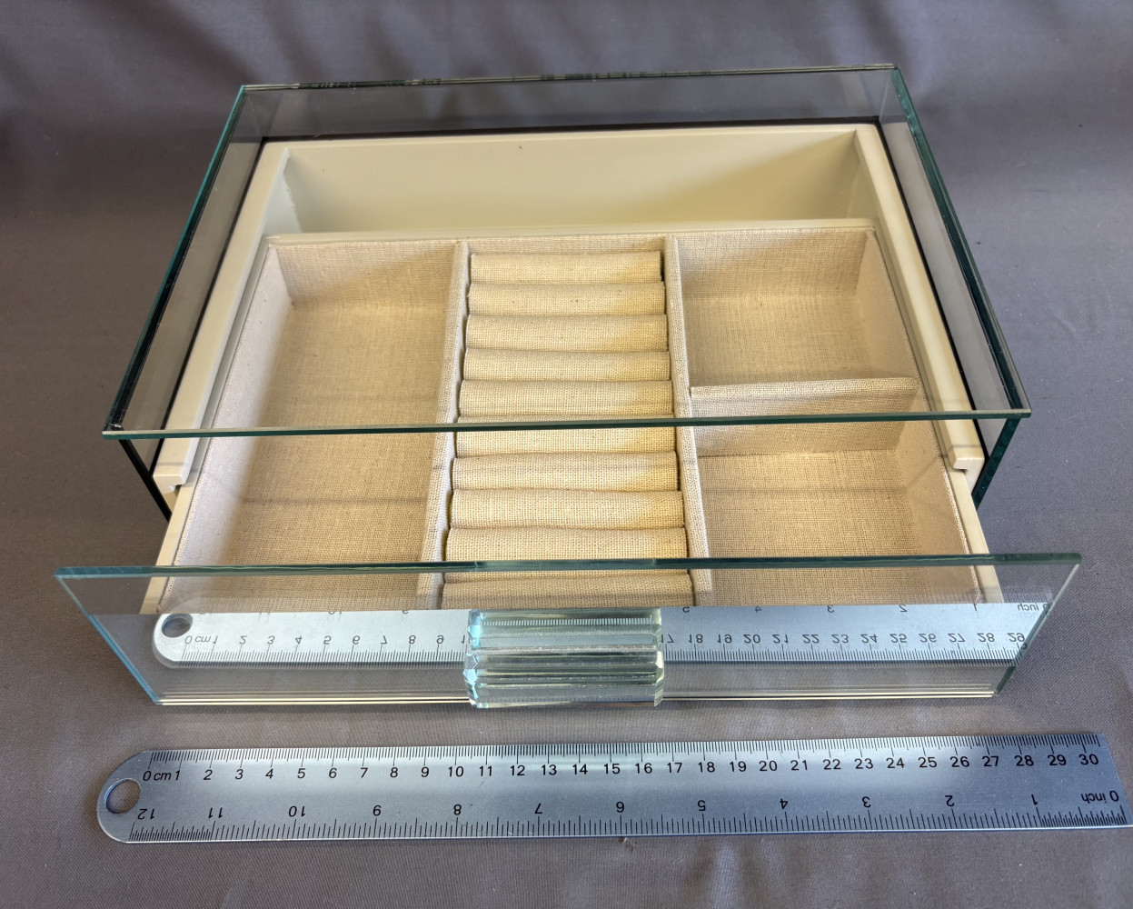 Beautiful glass topped jewellery box with sliding drawer