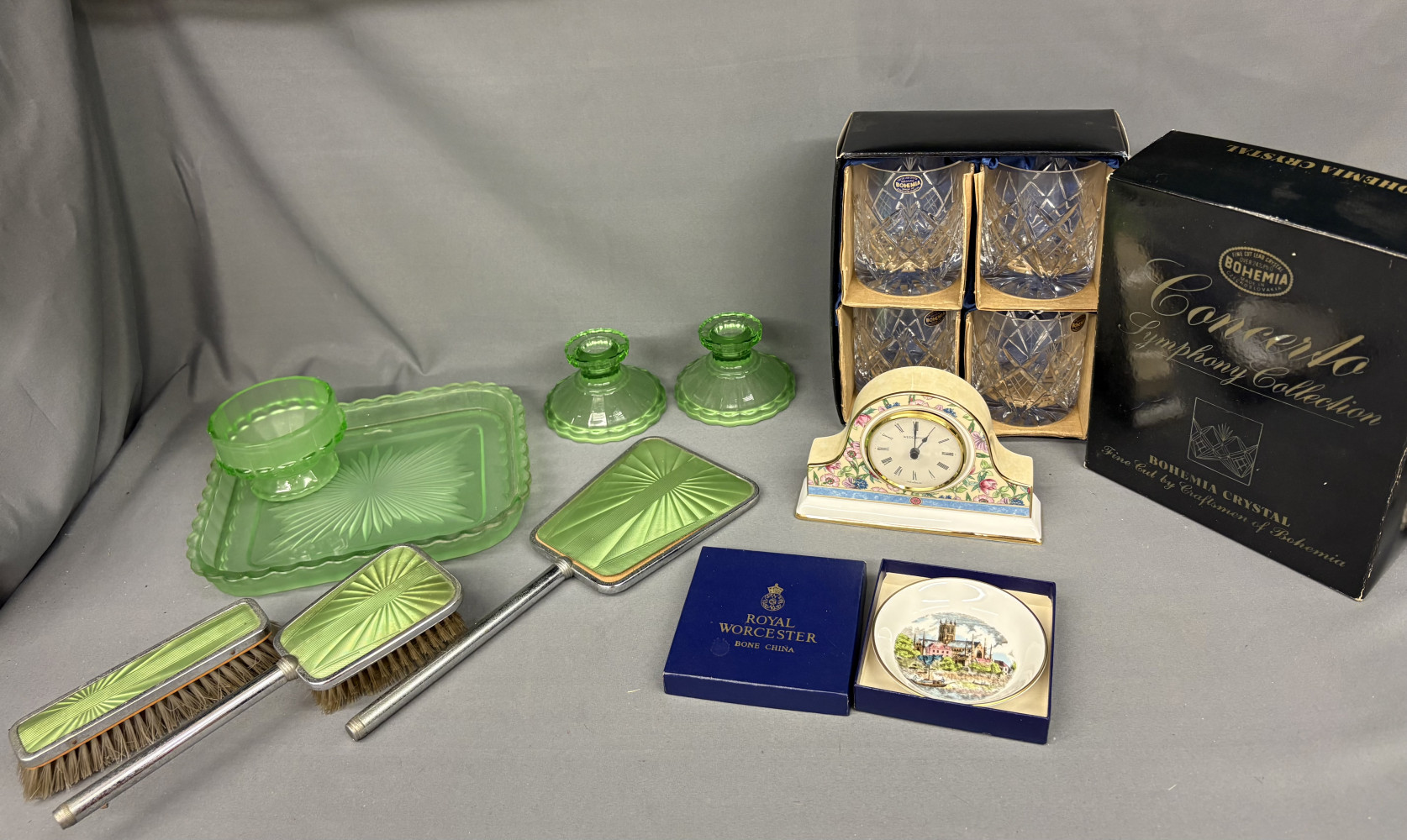 Dressing table set, set of crystal glasses, Wedgwood Clock and Royal Worcester plate in box