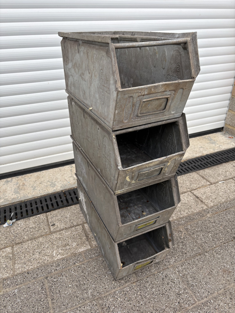4 vintage industrial galvanised metal stacking storage bins