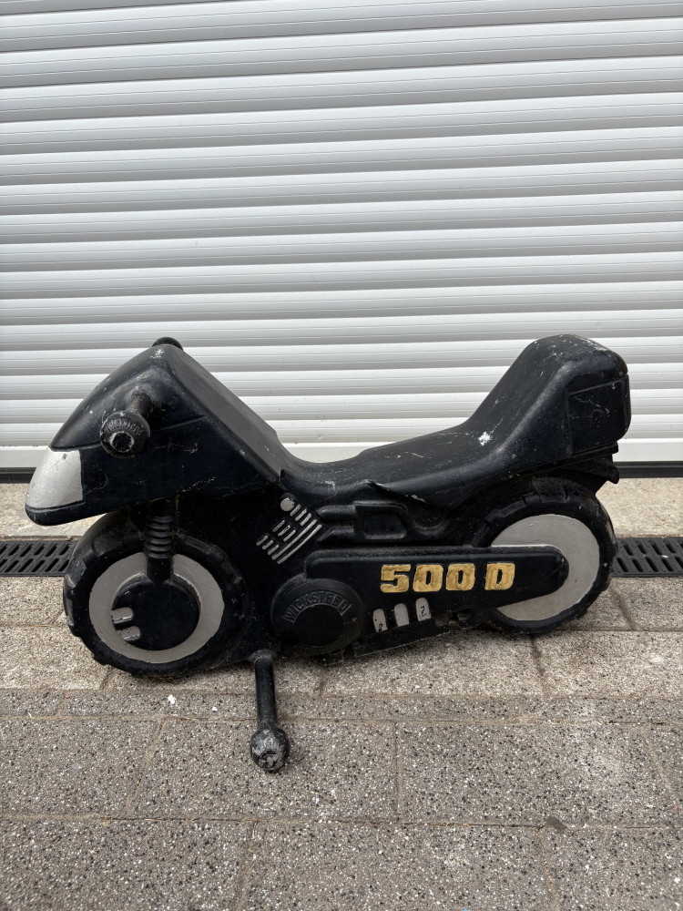 Metal Wicksteed Leisure playground spring rocker, specifically styled as a "500 D" motorcycl