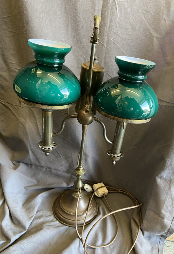 Brass converted lamp with glass shades untested