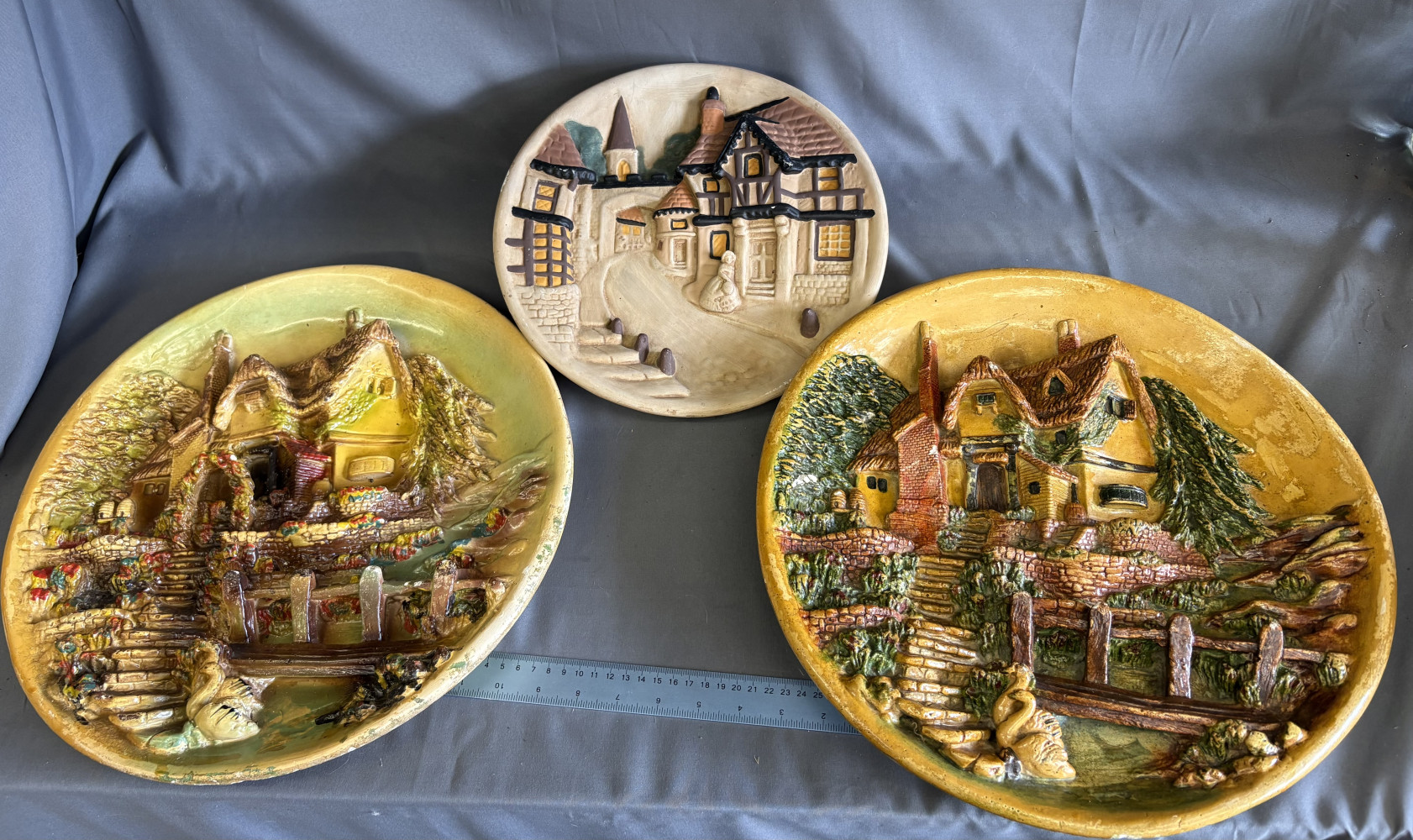 2 vintage 3D chalkware wall plaques and one other small one