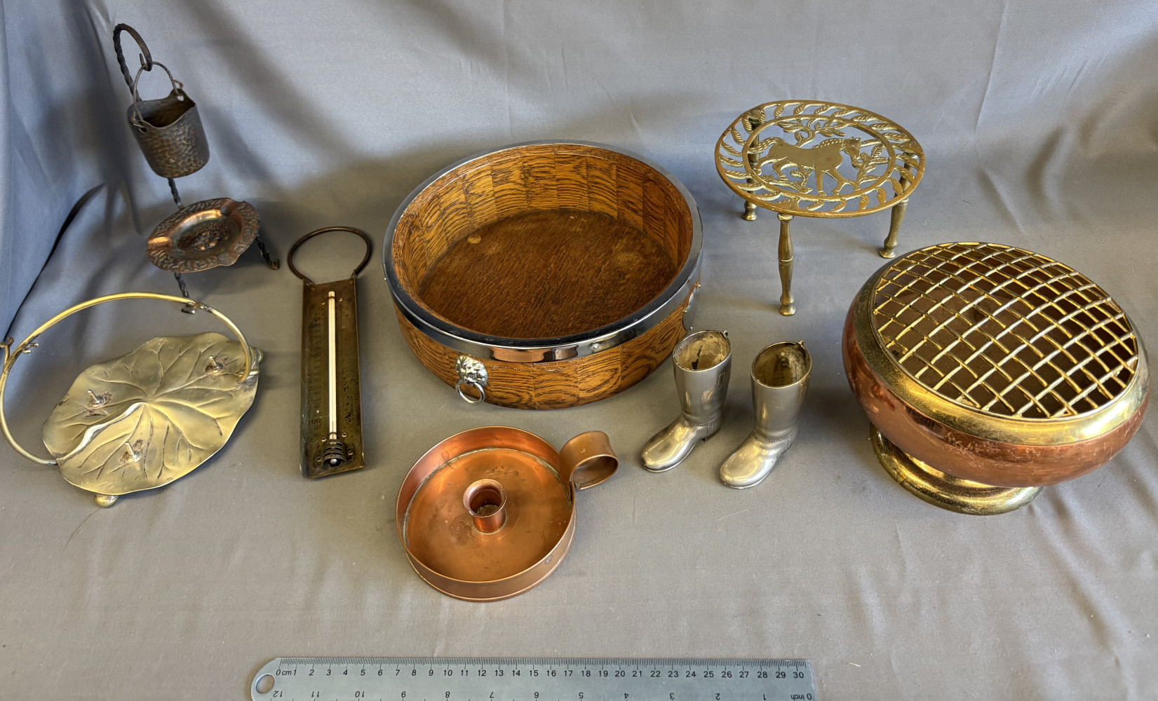 Vintage Woodware English oak and chrome fruit bowl, copper candle holder, brass stand, metal boots, jam thermometer and other metalware