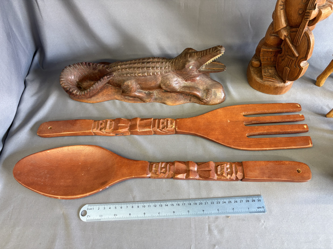 Large wooden fork and spoon 54cms long, antique wooden crocodile, tall boy figure and wooden animals