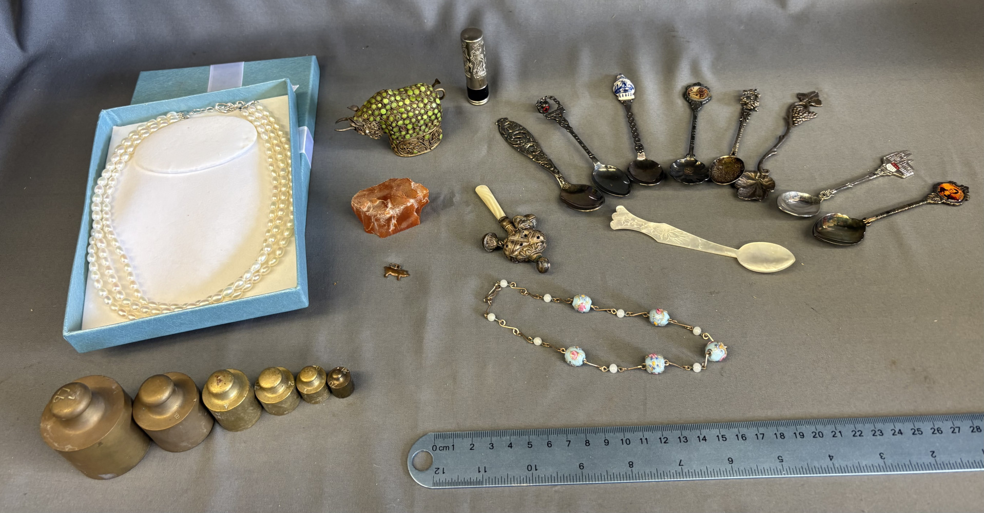 Hallmarked Silver Rattle A/F, brass weights, spoons and other small collectors items