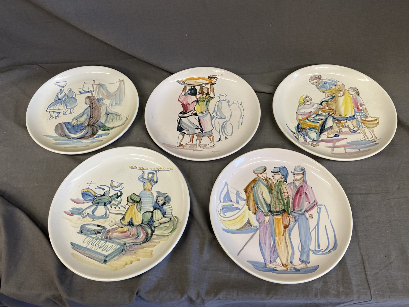 5 hand painted Portuguese Folk ware plates