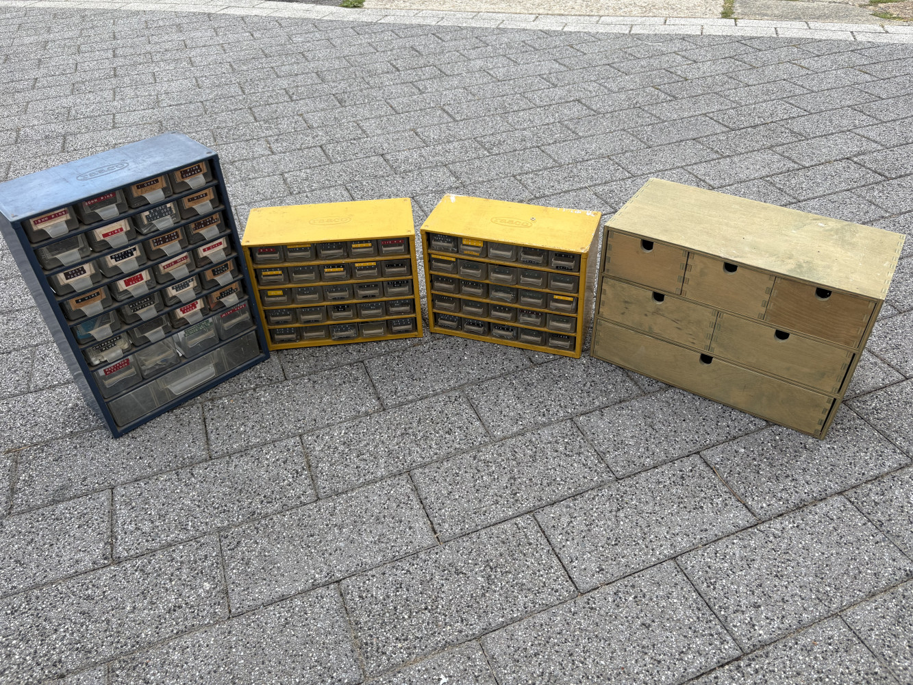 Four storage units all filled up with various screws and fixings, one man’s collection of I might need that one day