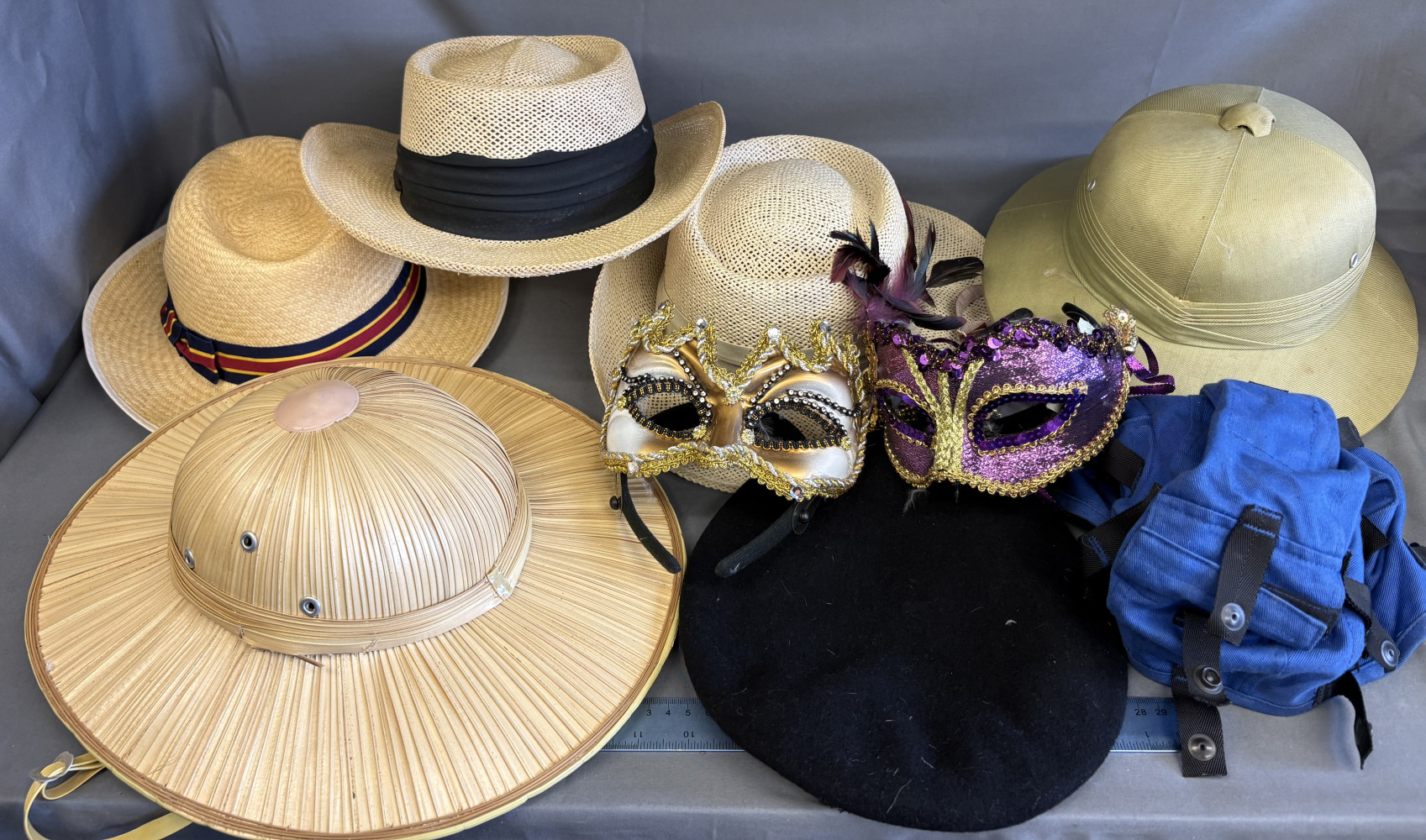 Ladies Vintage (1950/60s) Straw Safari Hat, masquerade mask, Safari pith helmet hat and other vintage hats