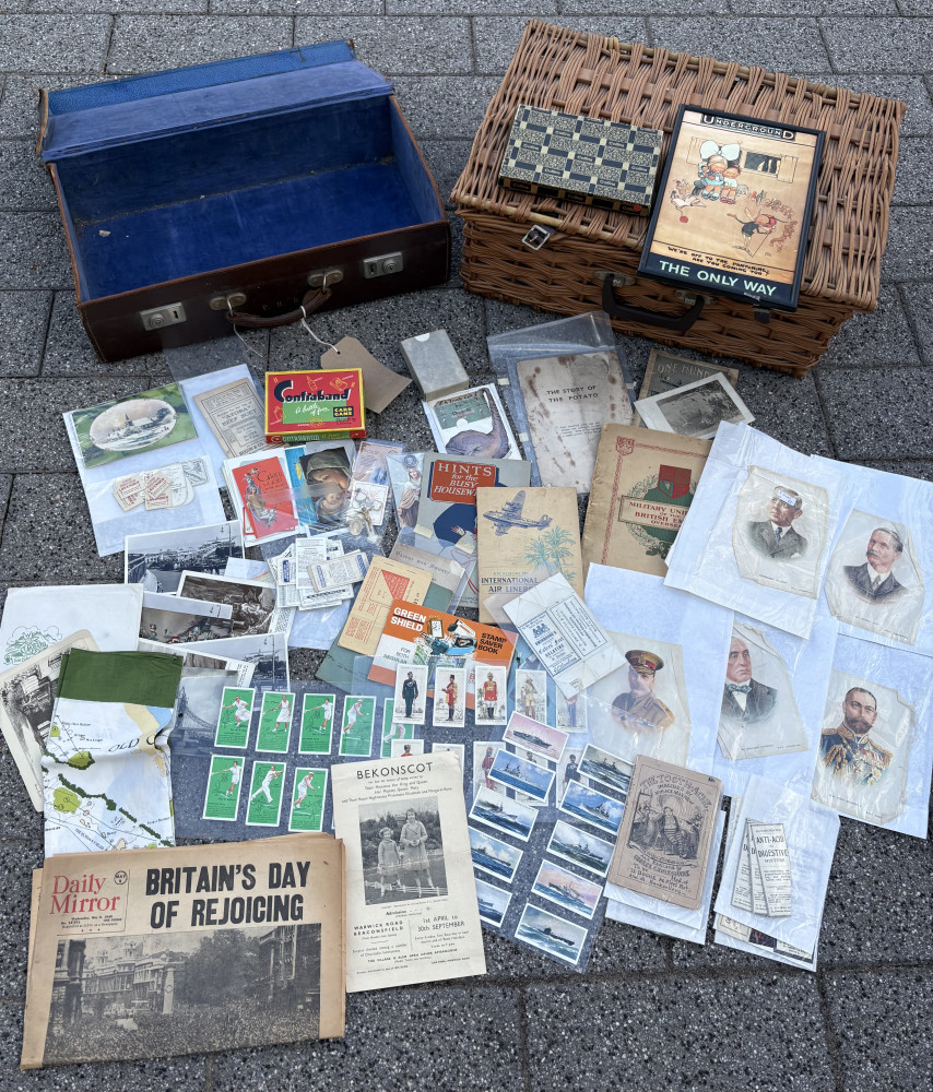 Case full of vintage cigarette cards, silk pictures, postcards and large lot of other vintage items and picnic hamper