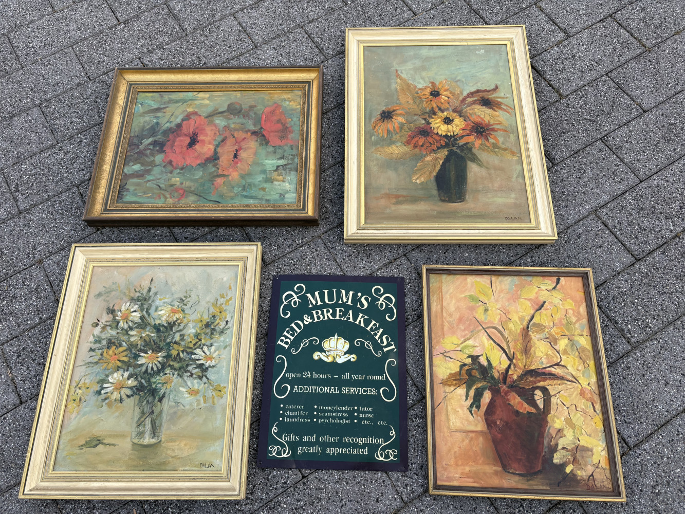 Four pictures and metal sign