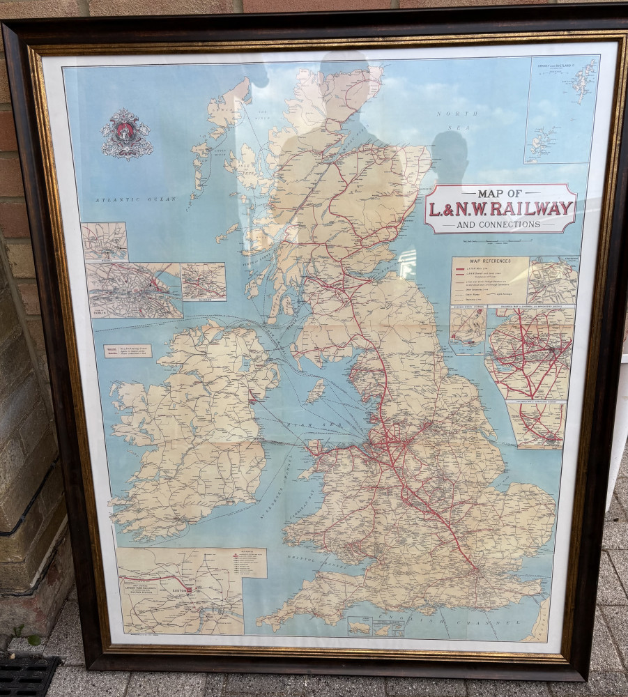 Large vintage map is an original London and North Western Railway (L.& N.W. Railway) and Connections 115 cms x 95 cms