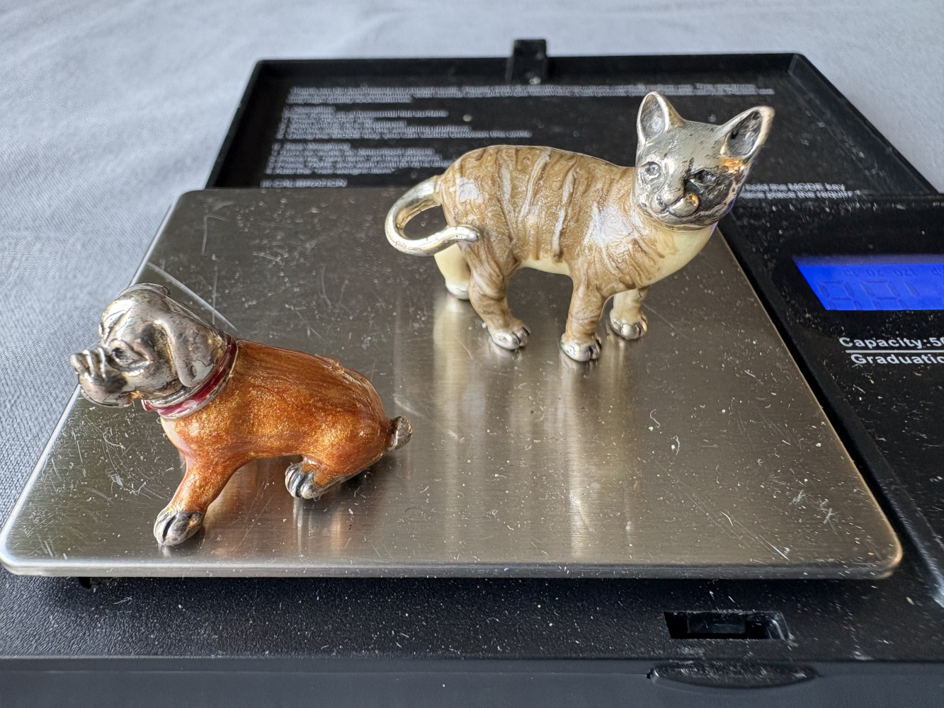 Saturno Italian Sterling Silver and Enamel Tabby Cat Figurine and sterling silver miniature bulldog figurine by Saturno
