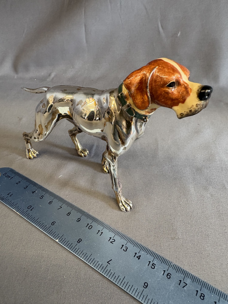 Italian Saturno Hallmarked Silver Pointer Dog with Enamelled Head 321 grams total weight