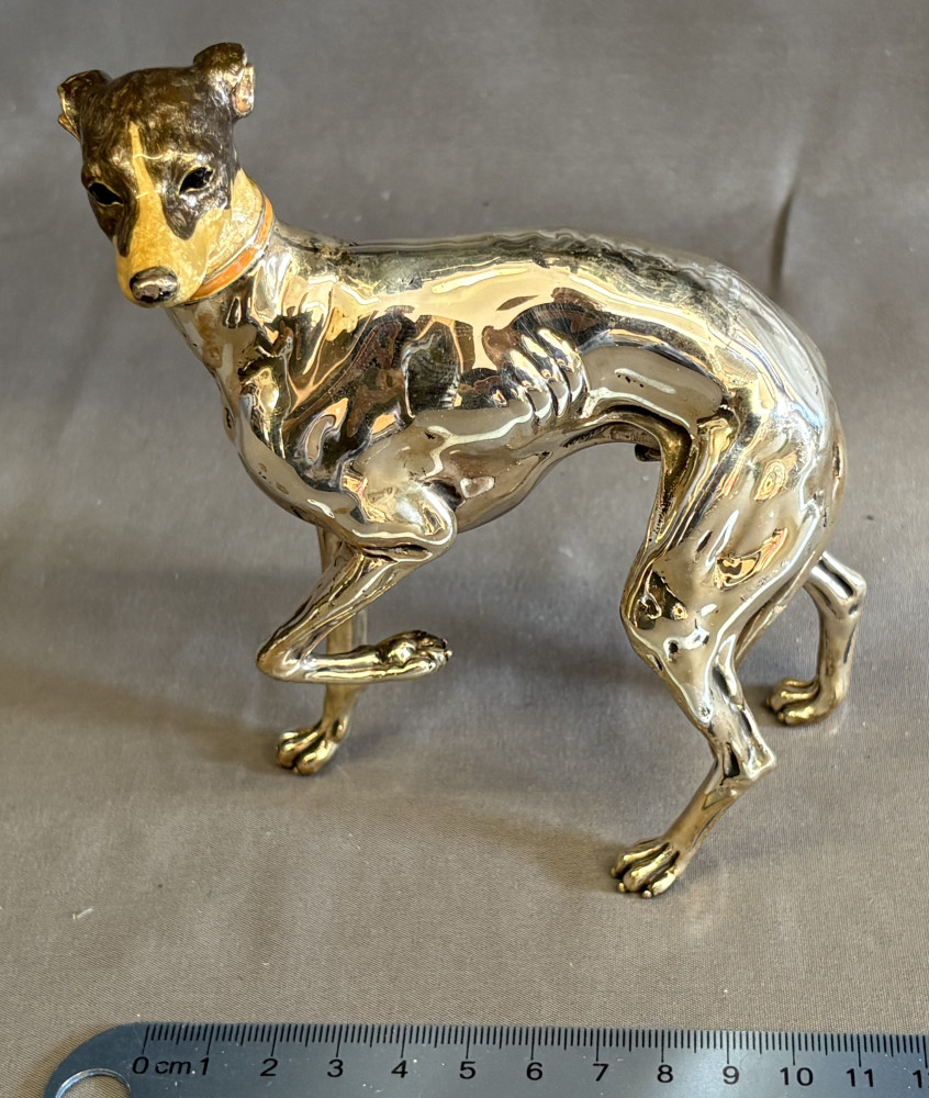 Large Silver Hallmarked Saturno Greyhound with Enamelled head 421 grams total weight, very expensive to buy new.