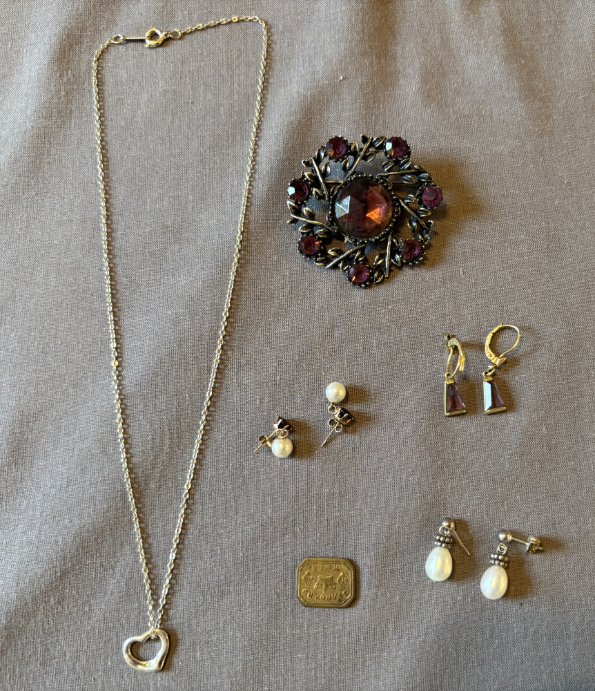 18K Rolled Gold necklace, brooch, small brass token weight, 14K Rolled Gold earrings with purple stones, 925 vintage pearl earrings, and 9K Pearl earrings