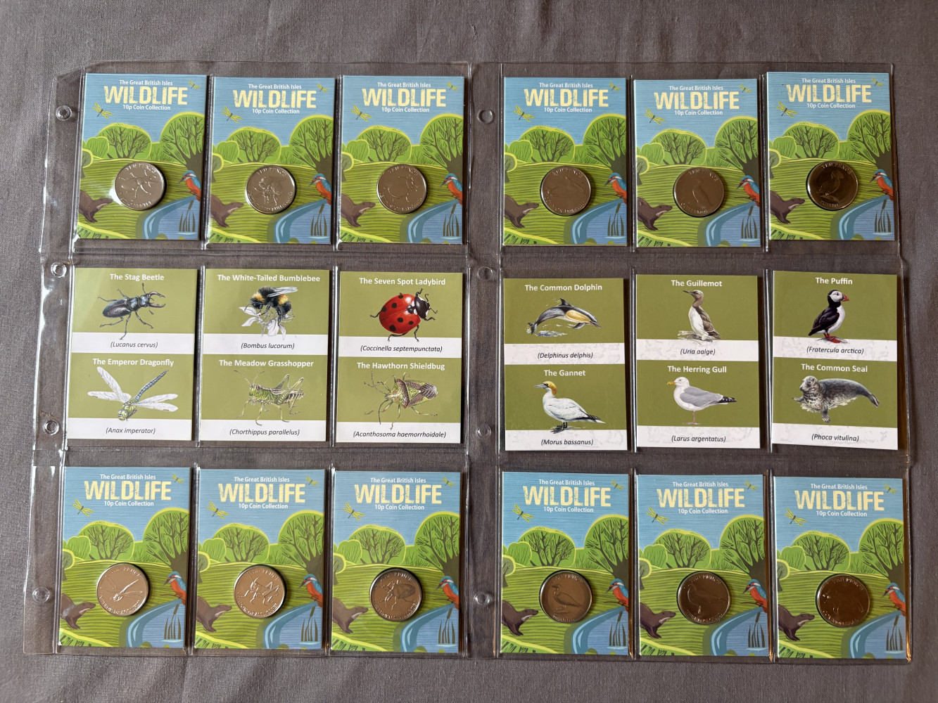 2 sheets of The Great British Isles Wildlife 10p Coin Collection featuring uncirculated commemorative ten-pence coins from Guernsey in protective display sheets