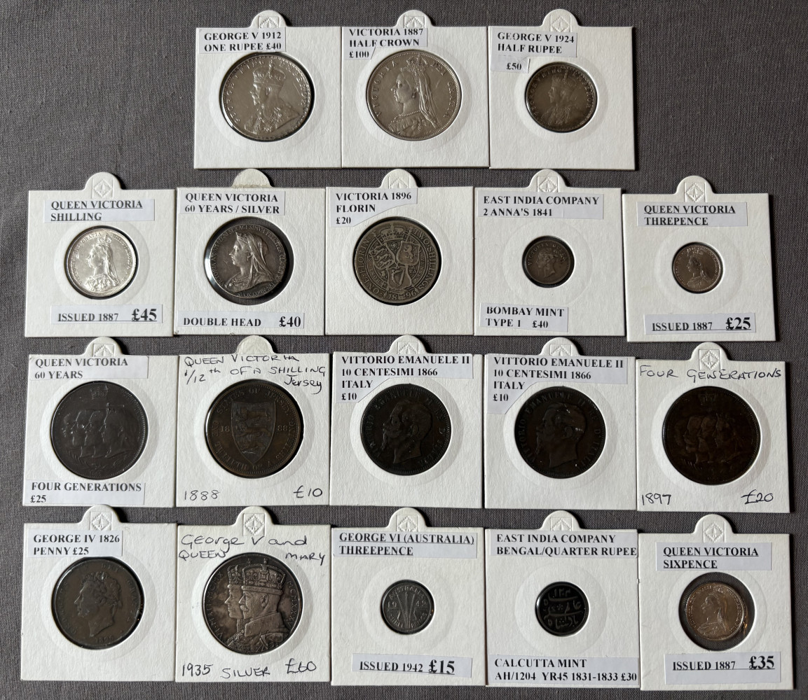 Collection of graded coins from deceased dealer, including an 1887 Queen Victoria Half Crown silver coin, and a 1935 King George V and Queen Mary Silver Jubilee Medal, their value on this collection is £600