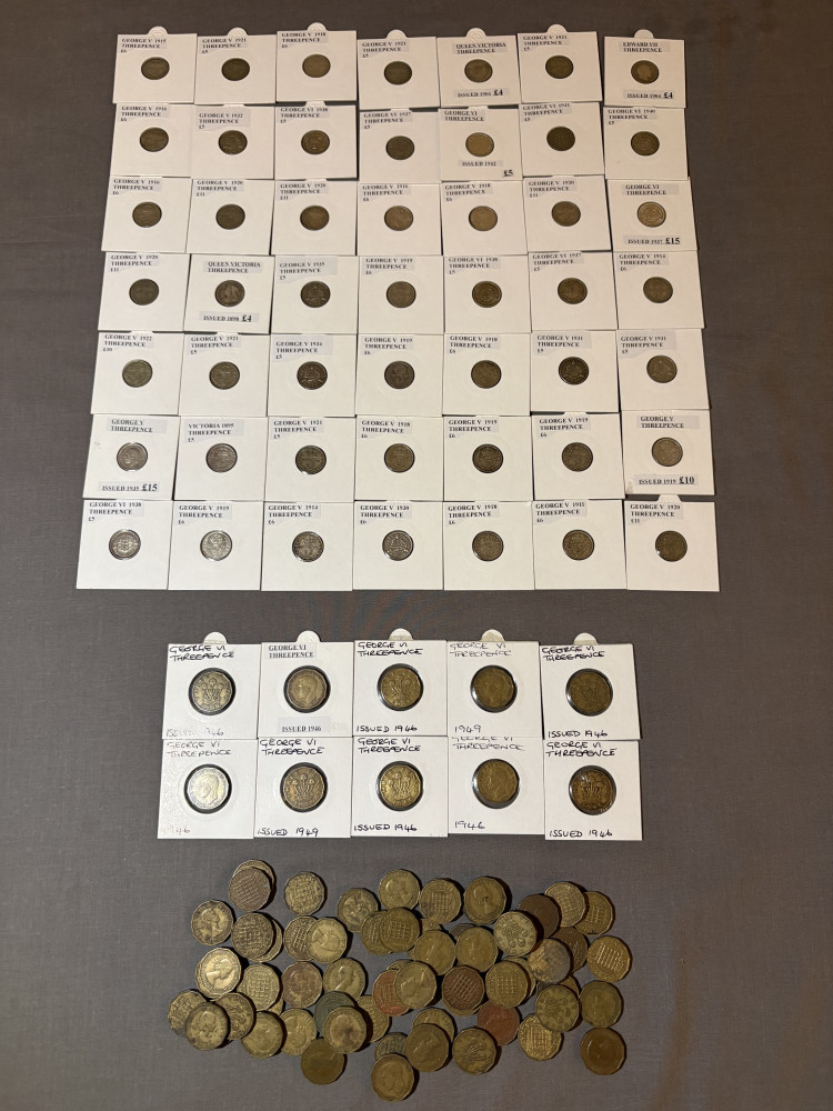 49 Cased three pence coins dealers value is £320 and also a large lot of the later three pence coins