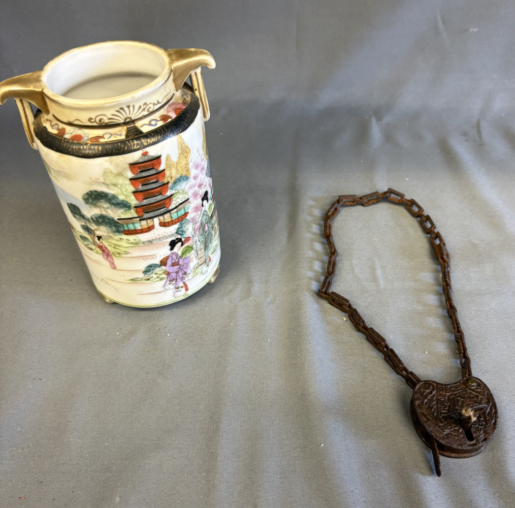 Vintage Noritake Maruki pot and antique metal padlock with key