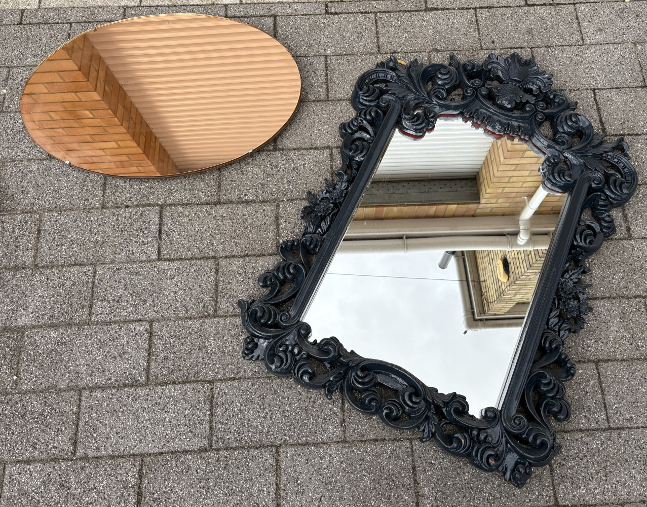 Rose gold coloured vintage mirror 77cms, and large framed mirror 110cms tall