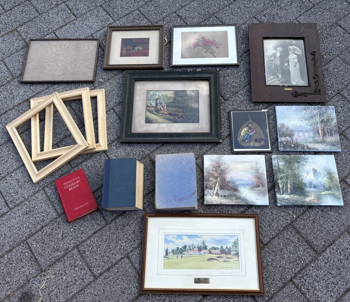 Mixed lot of pictures and frames and three cool books