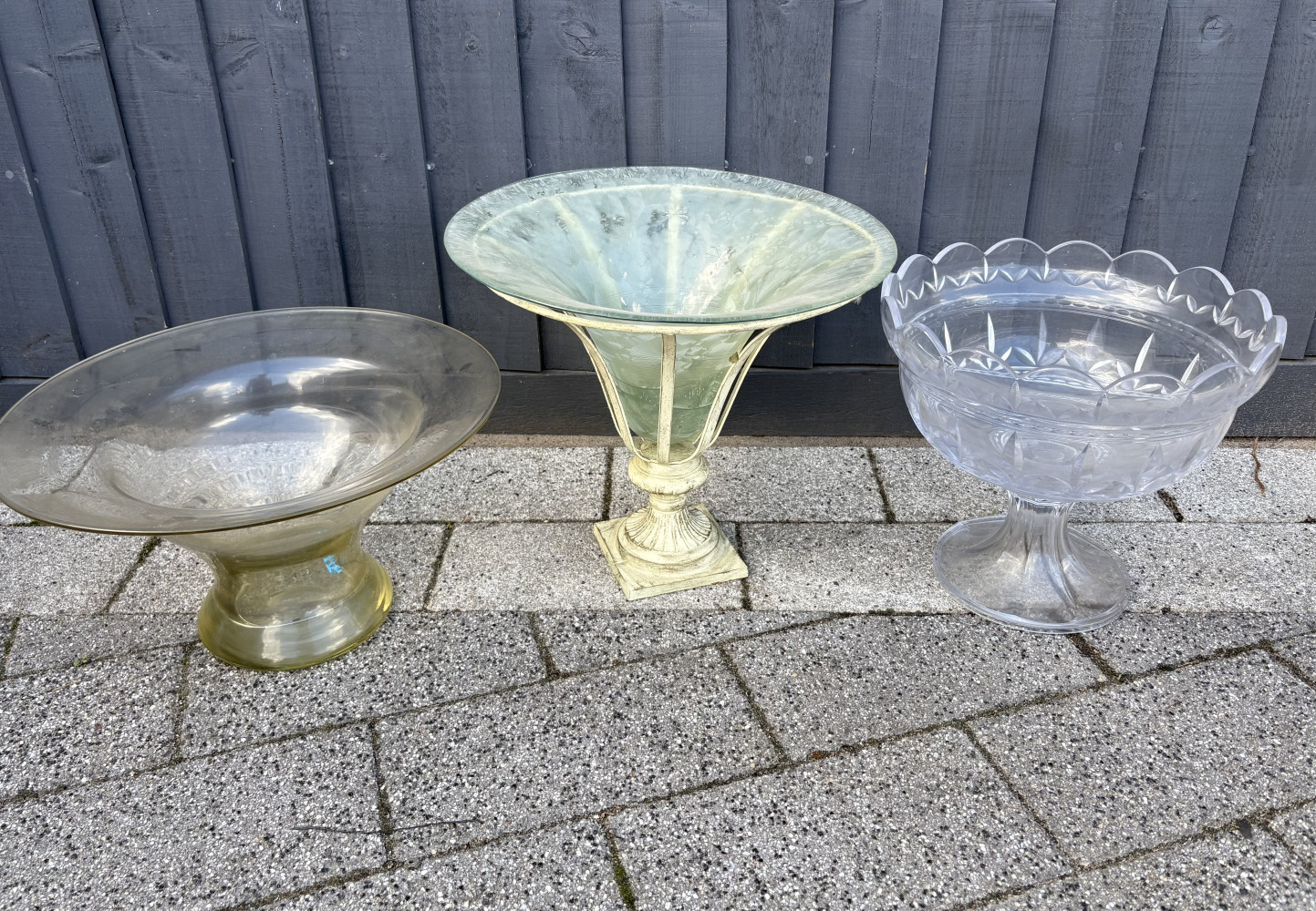 Three absolutely huge glass table centre pieces