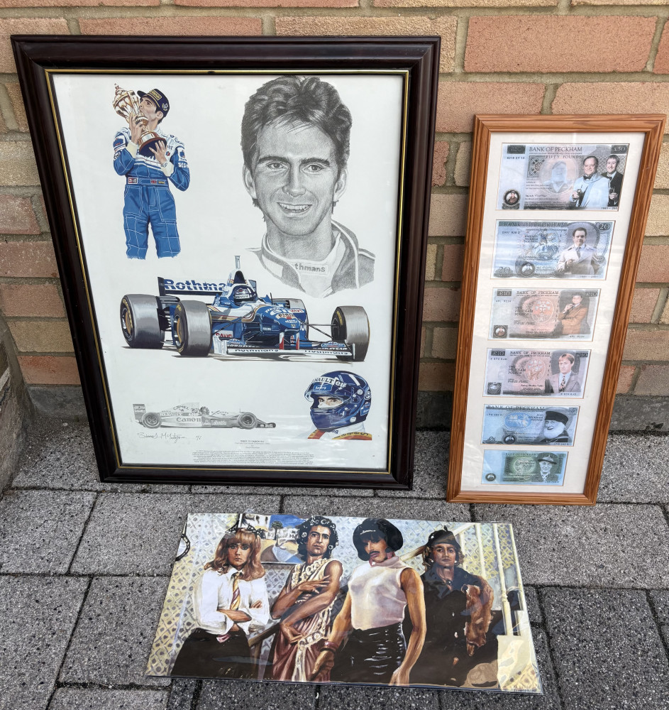 Del Boy Only Fools and Horses notes in frame, F1 picture and queen picture
