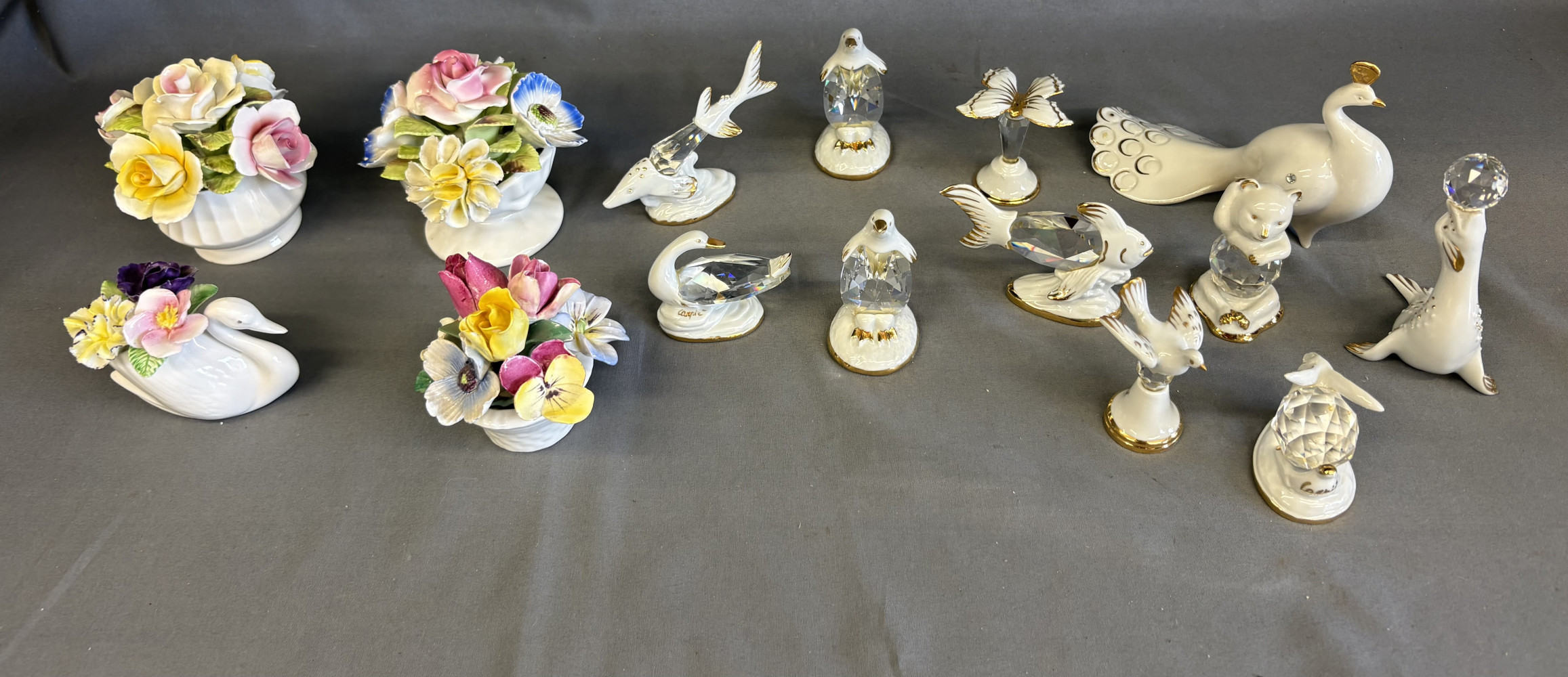 Collection of vintage decorative porcelain floral arrangements and ceramic with glass figurines,