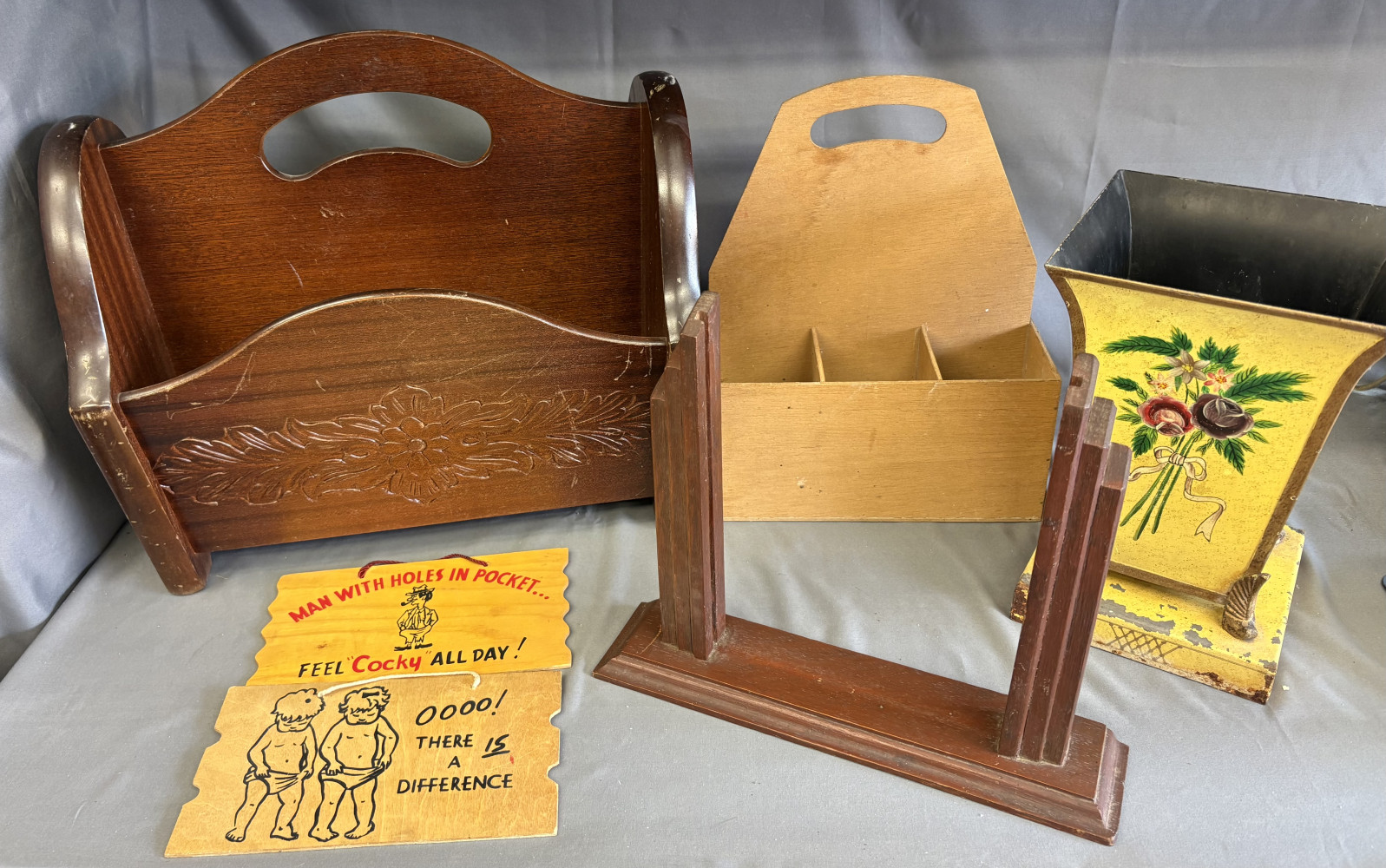 Magazine rack, signs, metal pot and other wooden rack