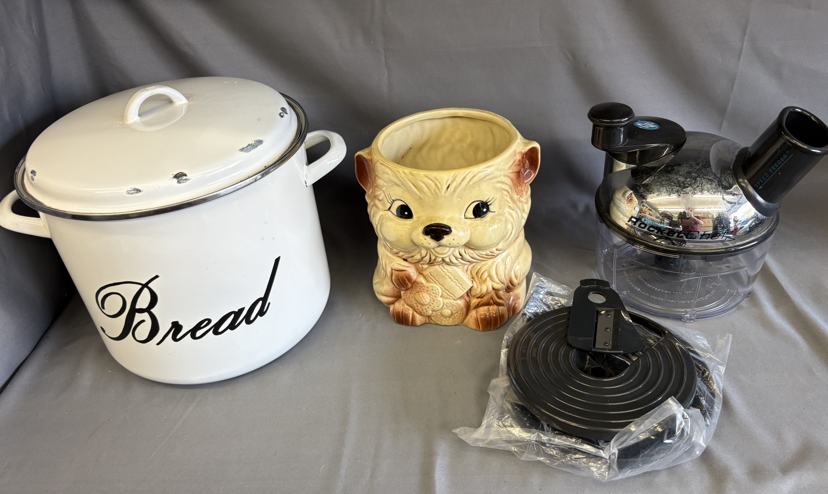 Enamel bread bin, food blender and utensil holder