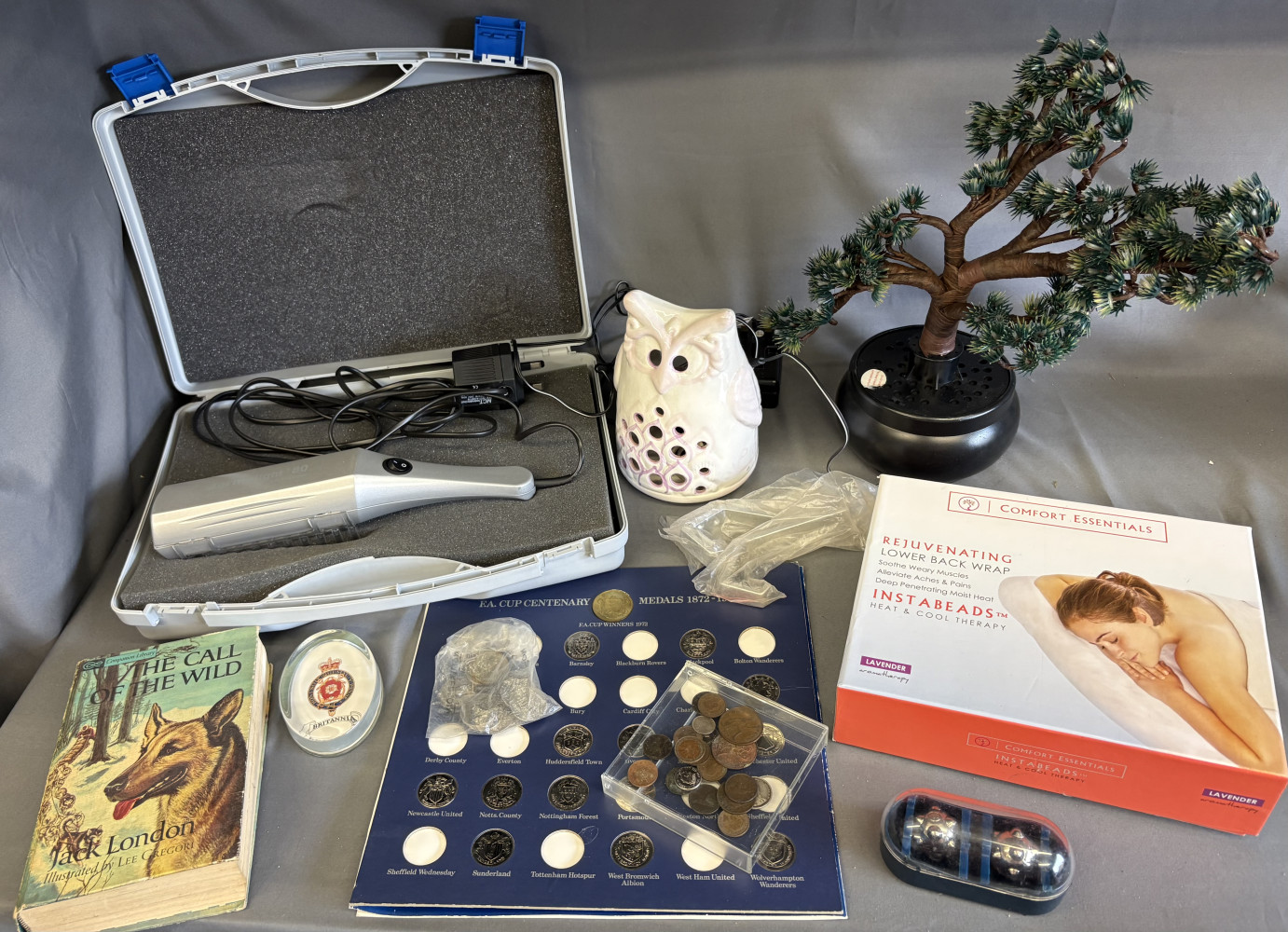 Mixed lot including medical devices, coins, book, LED tree and other household bits
