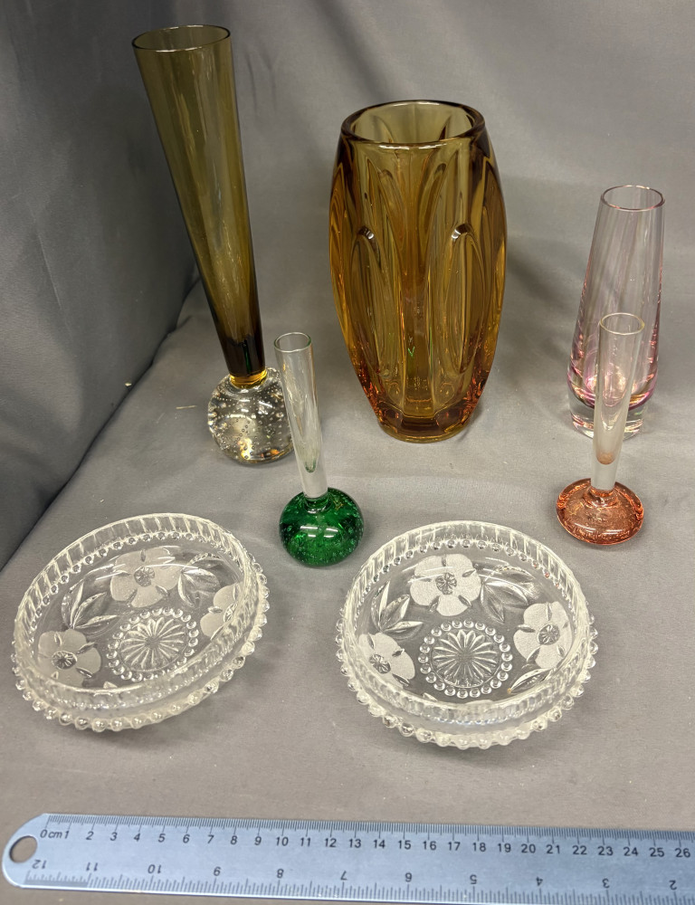 Beautiful heavy amber glass vase and other glass ware