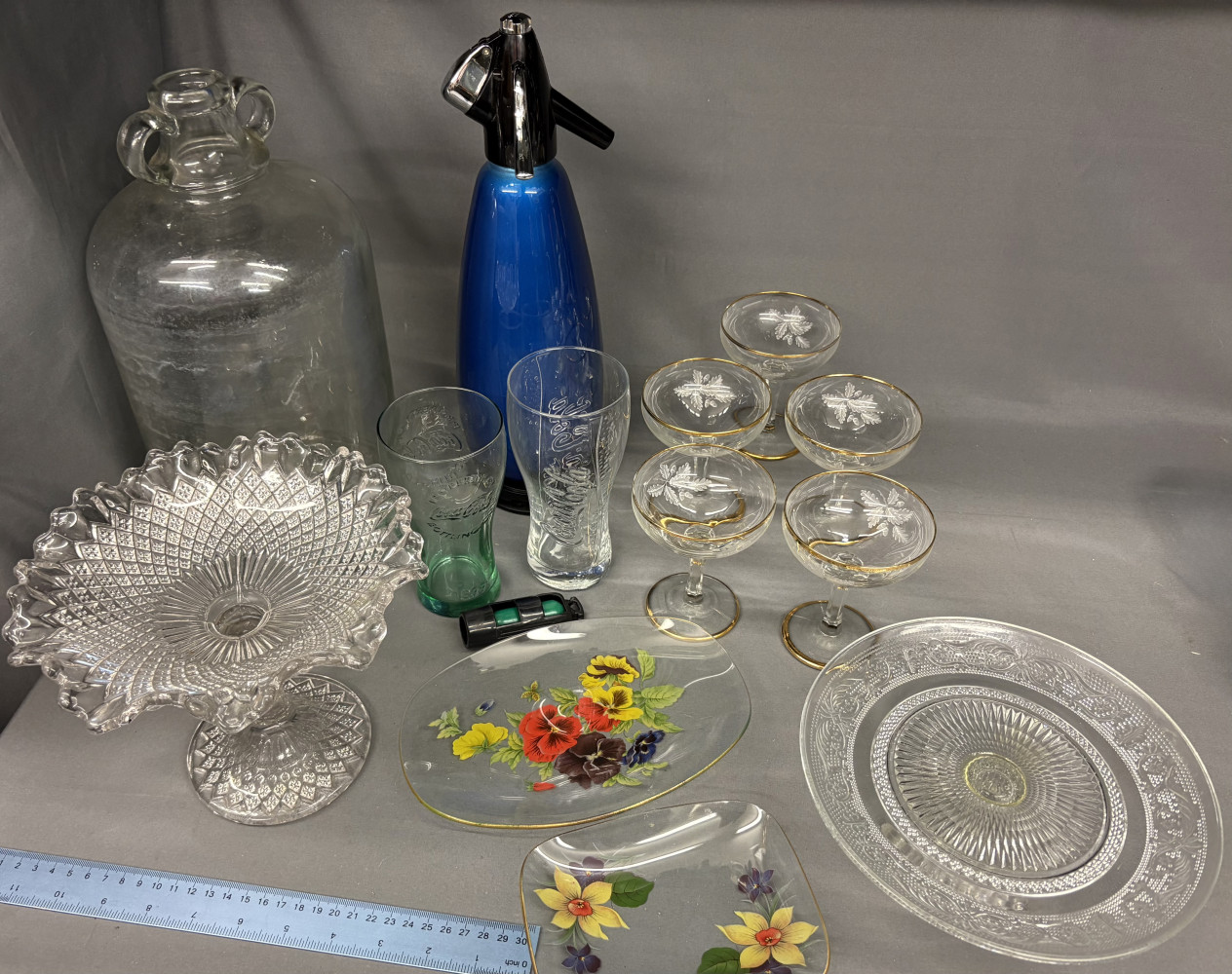 Bar ware glass drinking items and glass cake stands