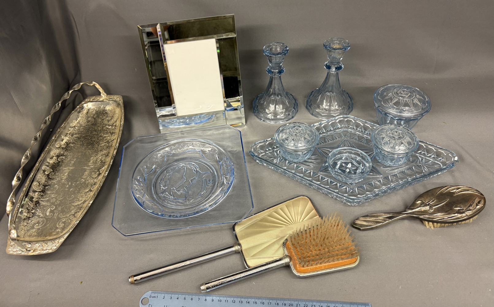 Dressing table set, metal tray, picture frame and glass dish