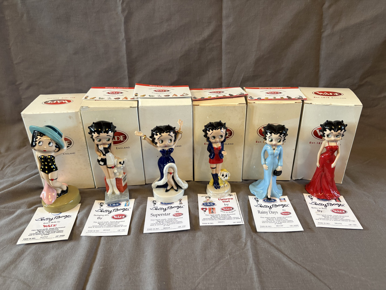 Six WADE Betty Boop Figures all low numbers approx 14-15 cms tall with boxes