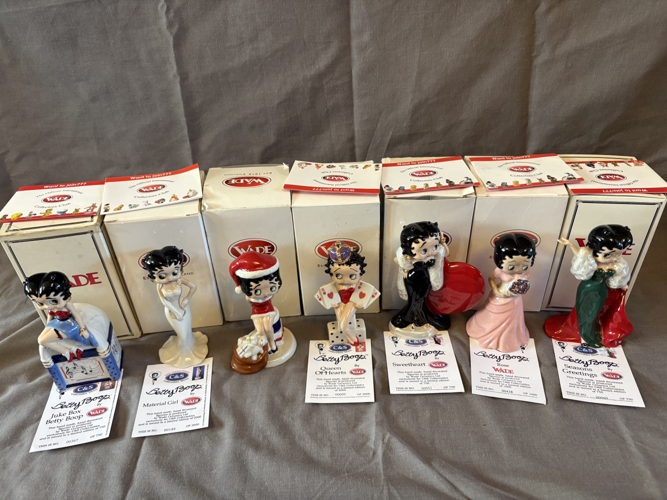 Seven WADE Betty Boop Figures all low numbers approx 14-15 cms tall with boxes, one has no certificate