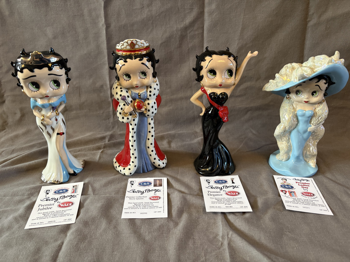 Larger Betty Boop Figures, Tallest one approx 24 cms tall, Premier Jubilee no 16 of 500, Premier Snow Queen no 96 of 500, Premier Elegance no 180 of 500 and Premier ladies Day 231 of 500
