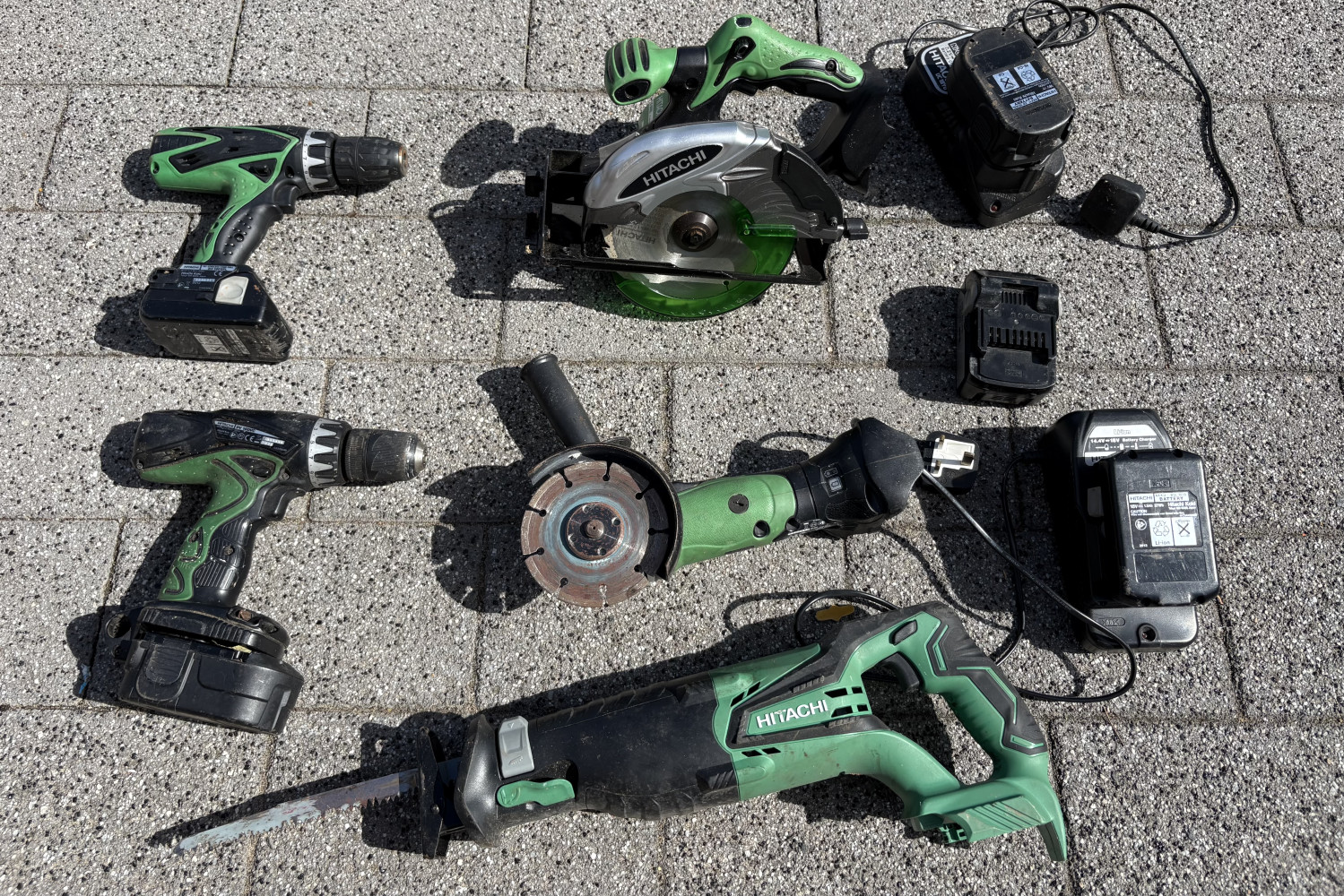 Large lot of battery powered Hitachi tools with batteries and chargers