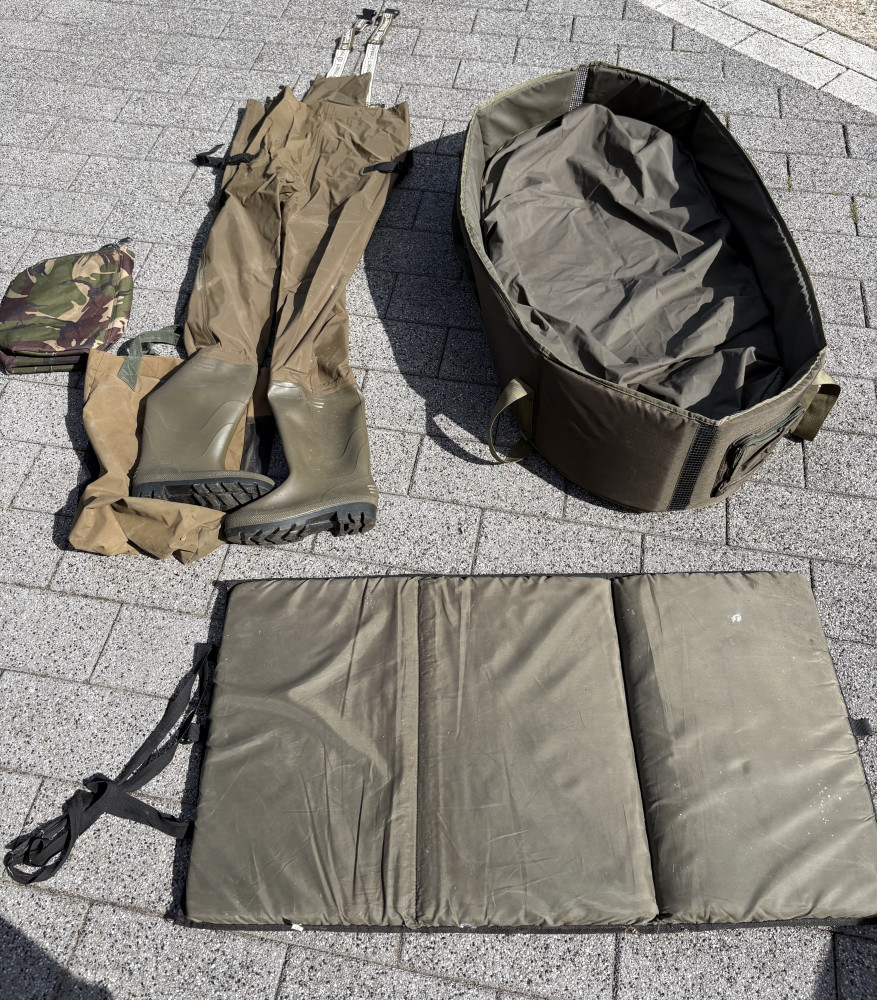 Carp unhooking cradle, waders size nine and landing mat